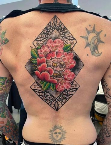 Flower Skull Mandala geometric back tattoo