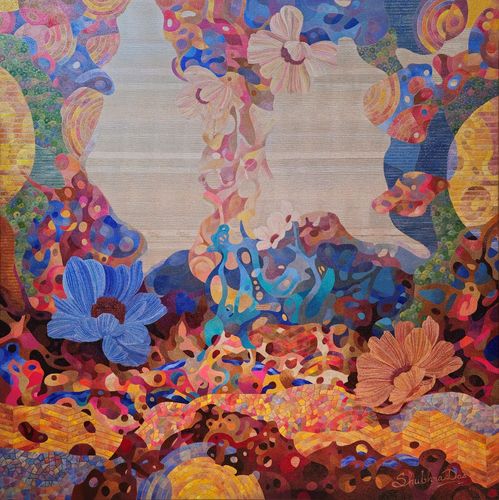 Abstract painting with vibrant flowers & organic shapes & forms.Oil paintings.Art & design element. 