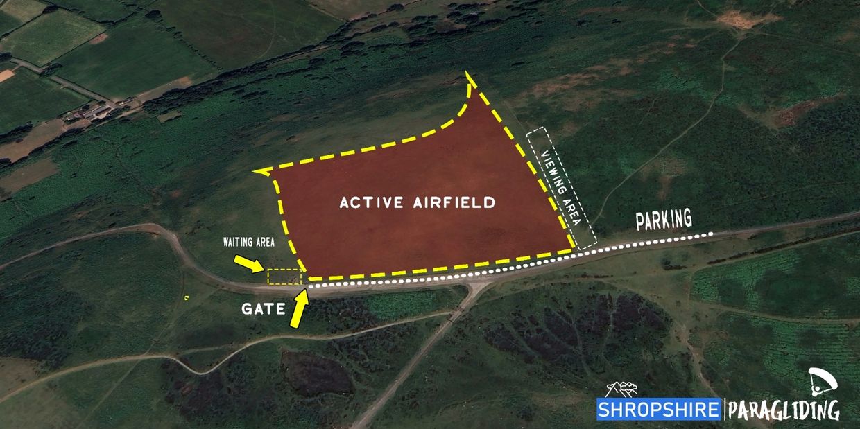 Aerial view map of Shropshire Paragliding active airfield with marked areas.
