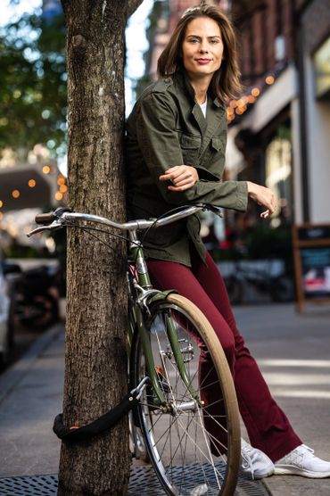 Rozalinda, Model, Fall jacket, chilling on bike by tree,