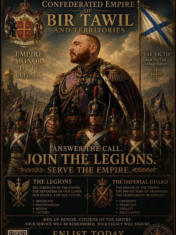 Recruitment poster for the Confederated Empire of Bir Tawil with soldiers and a leader in military regalia.