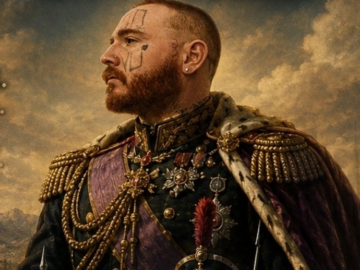 Portrait of a tattooed man in royal military attire.
