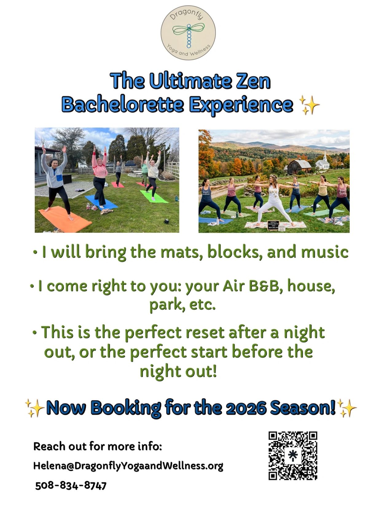 Outdoor yoga sessions for bachelorette parties with mats, blocks, and music provided, available for 2026 bookings.