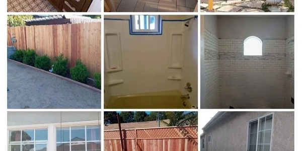 Collage of home renovation photos showing bathroom remodel, patio upgrade, pergola build, fence install and window installation