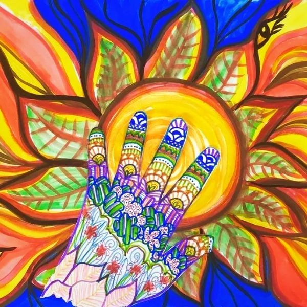 Hand reaching into the light with "zentangle" doodling all over it. Personal reflective art therapy