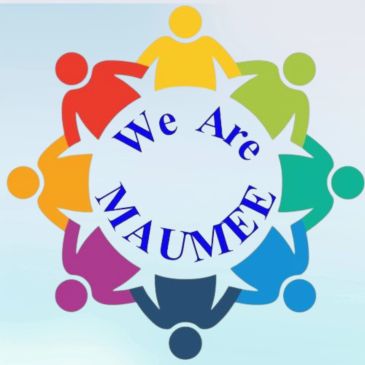 Colorful team figures encircling 'We Are MAUMEE' text.