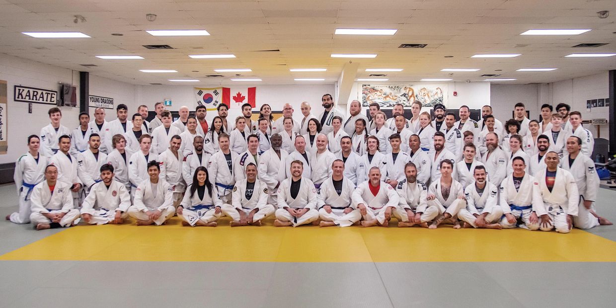 Class picture at Brampton Brazilian Jiu Jitsu Academy during promotions. 