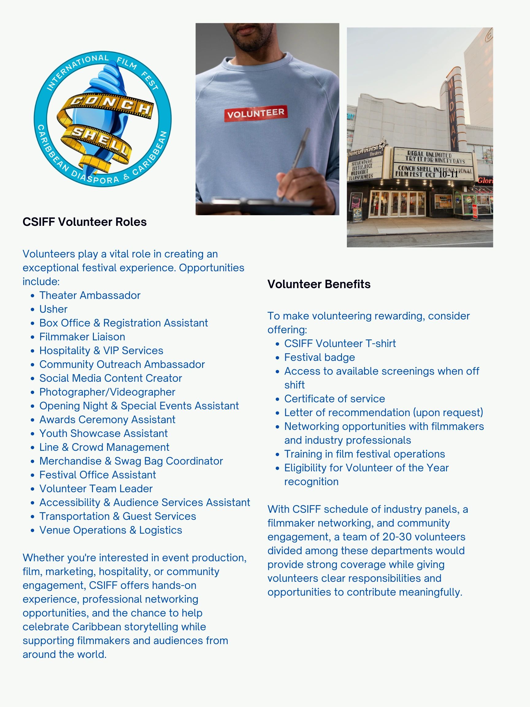 Information about CSIFF volunteer roles and benefits.