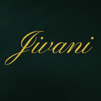 Elegant gold cursive text 'Jivani' on a dark green background.