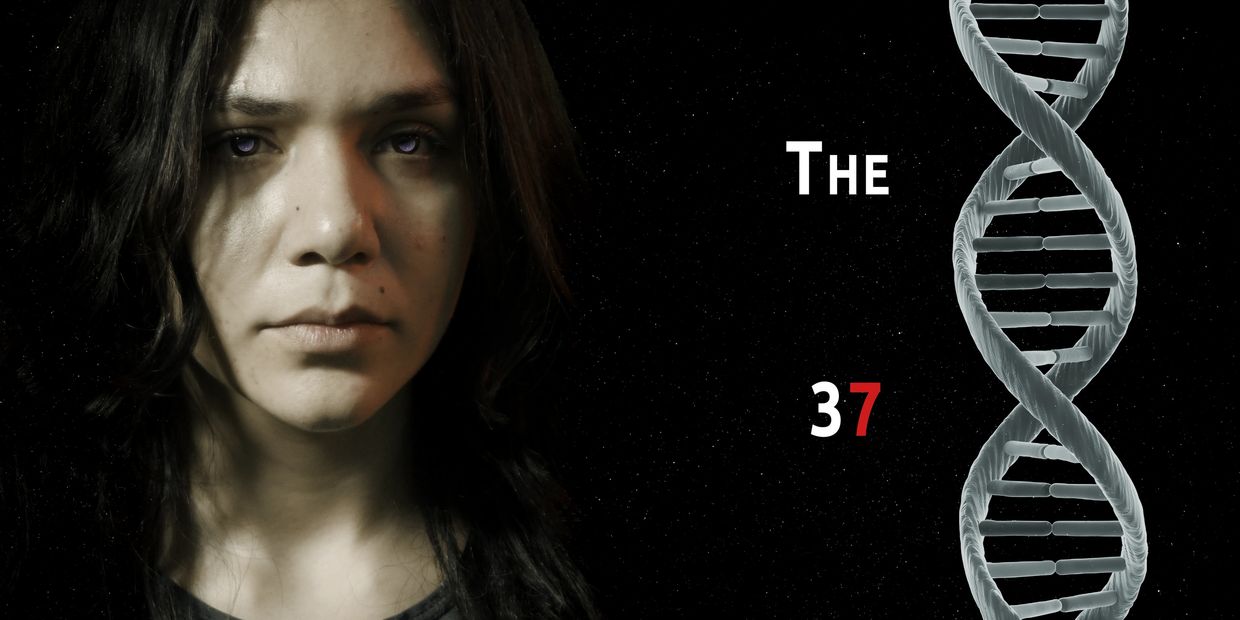 A serious woman with purple eyes next to a DNA strand and the text 'The 37'.