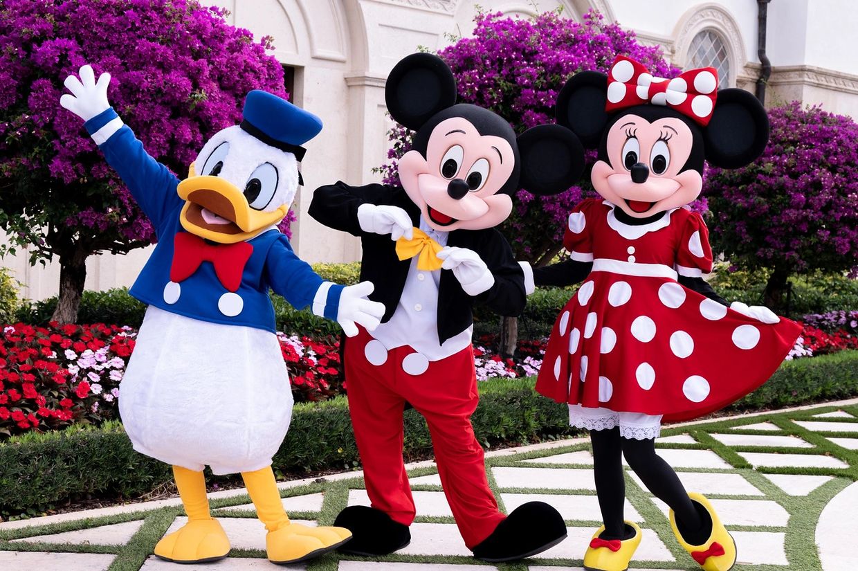 Donald Duck, Mickey Mouse, and Minnie Mouse posing joyfully outdoors.