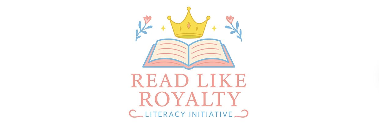 Logo with a book, crown, and floral accents for a literacy initiative.