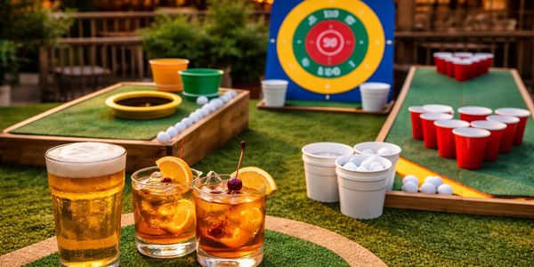 Outdoor lawn games setup with drinks on artificial turf.