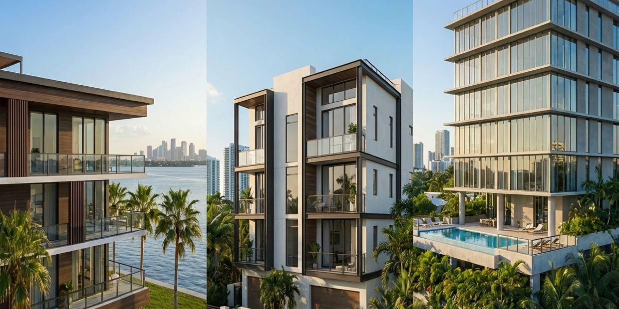 Modern residential buildings with balconies and a pool overlooking a waterfront city skyline.