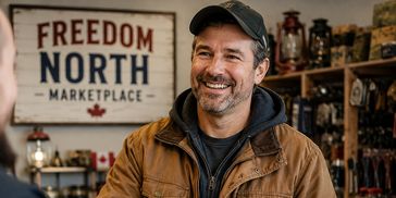 Smiling man in a brown jacket and cap inside a cozy marketplace.