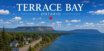Scenic view of Terrace Bay, Ontario with lake and mountains.