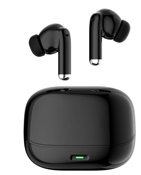 Black wireless earbuds with charging case.
