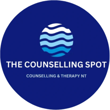 Logo for The Counselling Spot with blue waves in a circle.