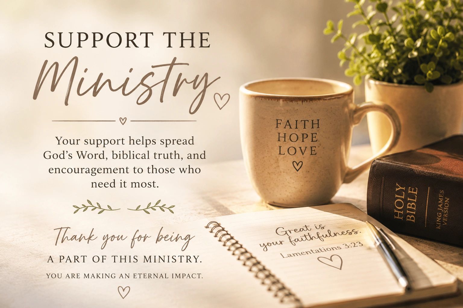 Encouraging support for ministry with faith-themed elements and a Bible verse.