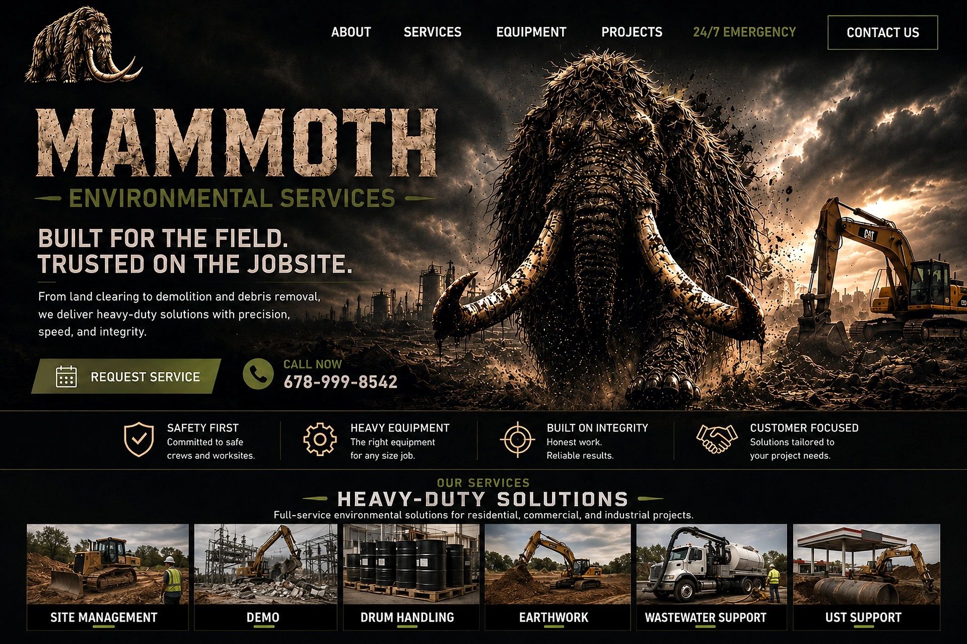 Mammoth Environmental Services offers heavy-duty solutions with precision and integrity, featuring construction equipment and a mammoth logo.