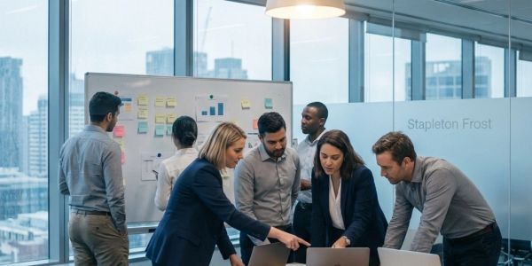 Team collaborating in a modern office with city views.