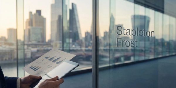 Person reviewing business charts in an office with city view.