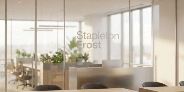 Modern office reception area with glass walls.