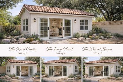 Three backyard casitas with varying sizes and styles.