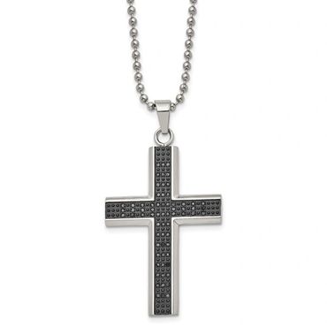 Stainless Steel with Black Rhodium 1/2 carat Black Diamond Cross Pendant on a 24 inch Ball Chain 