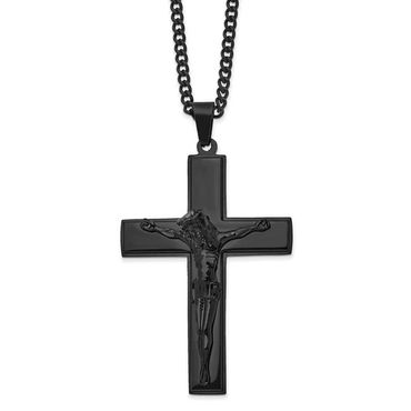 Chisel Stainless Steel Polished Black IP-plated Crucifix Pendant on a 24 inch Curb Chain Necklace