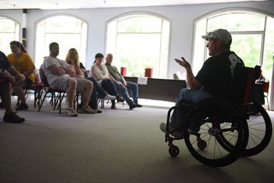 Adam "Glider" Bonnett speaking at St. Albans Sanatorium.