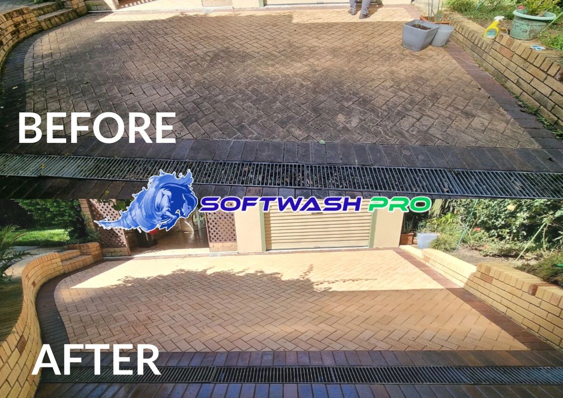 Before and after photo of Softwash Pro's pressure washing of driveway