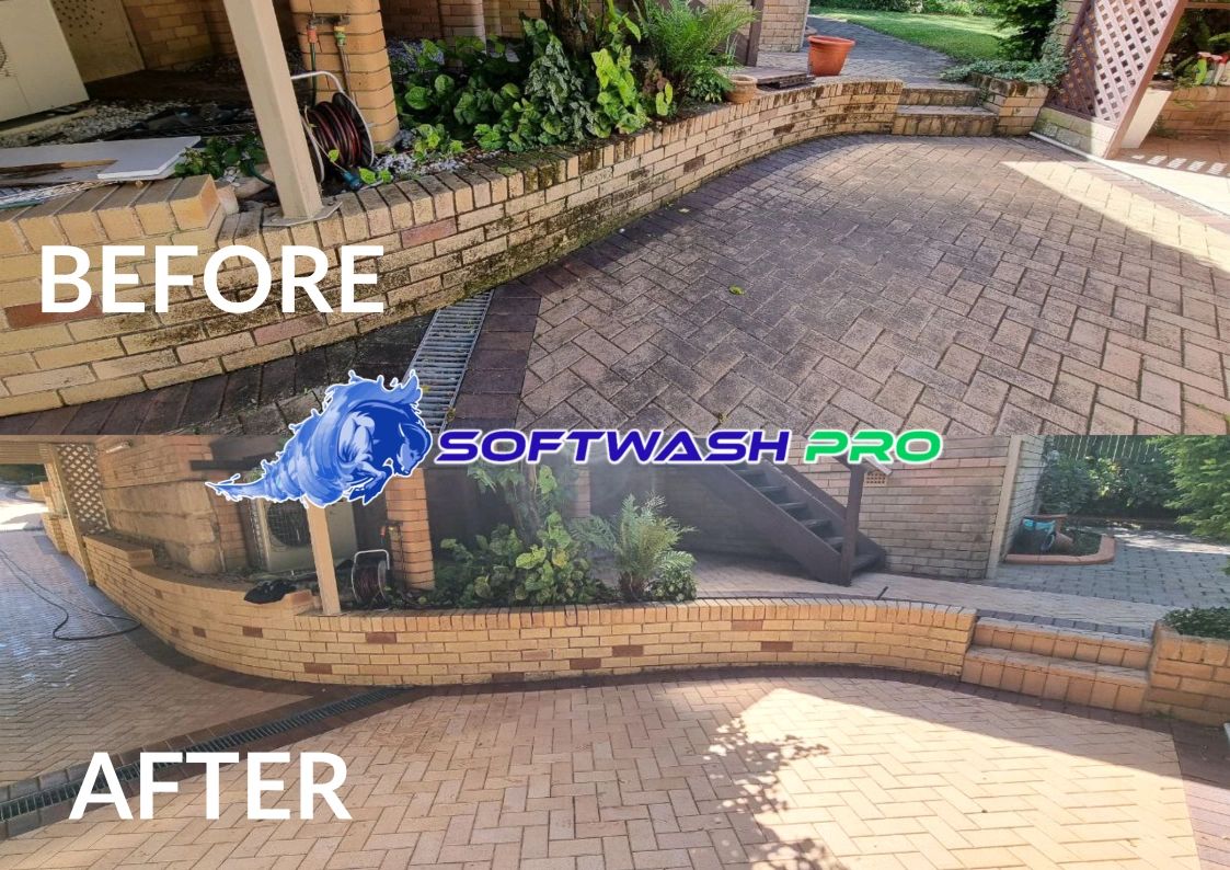 Before and after photo of Softwash Pro's pressure washing of bricks