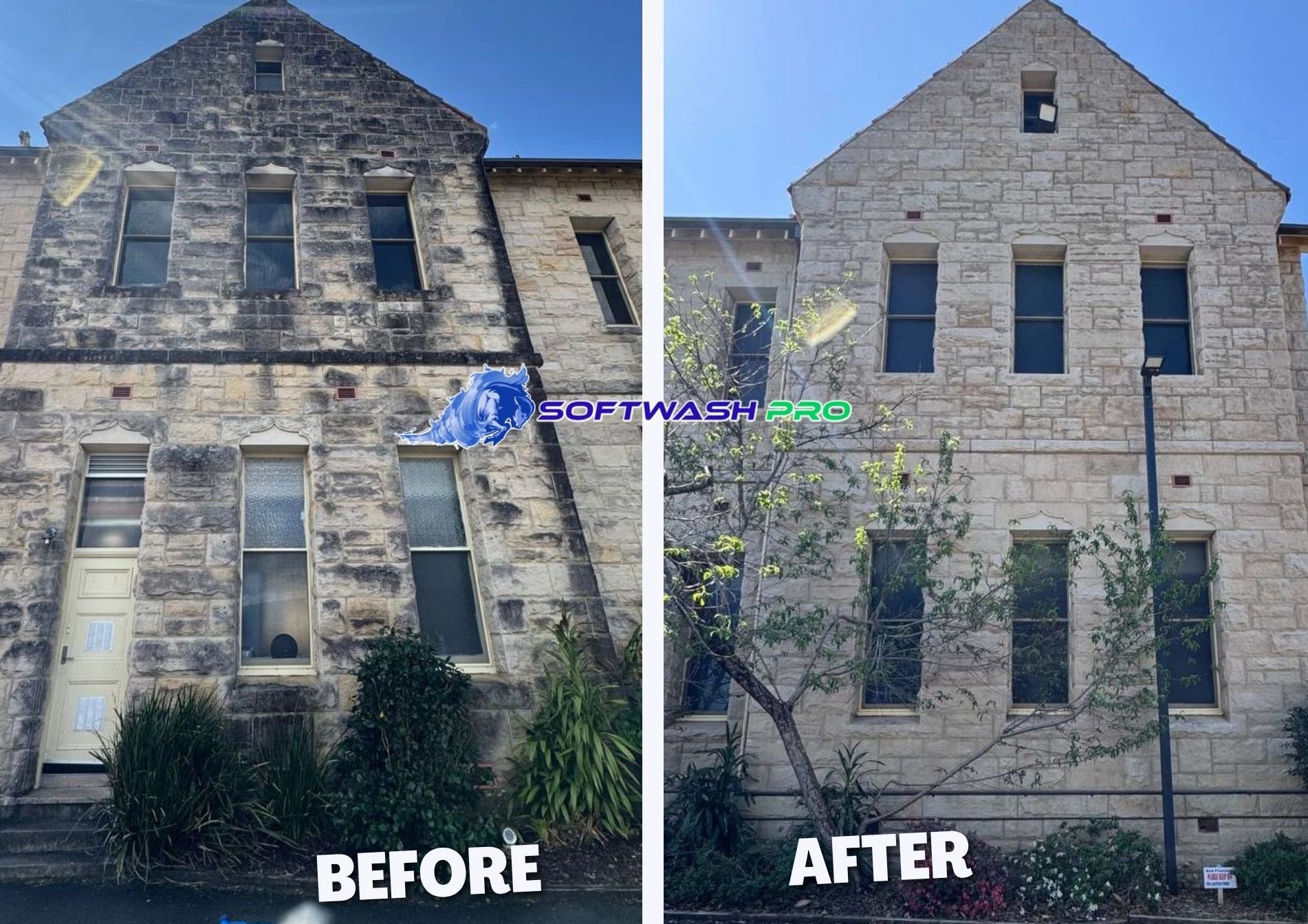 Before and after images of a building's stone facade cleaned by Softwash Pro.