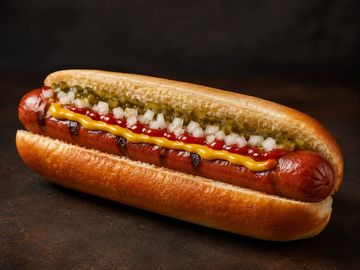Hot dog with mustard, ketchup, relish, and onions.