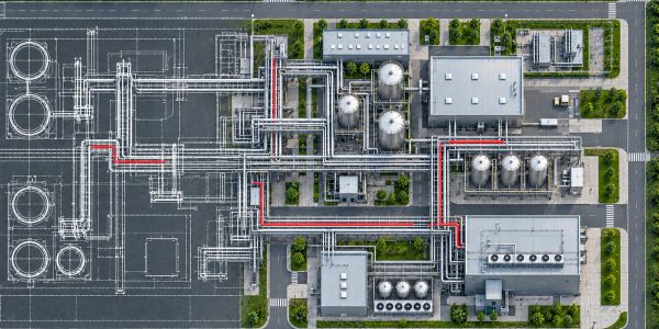 Aerial view of an industrial plant with blueprint overlay.