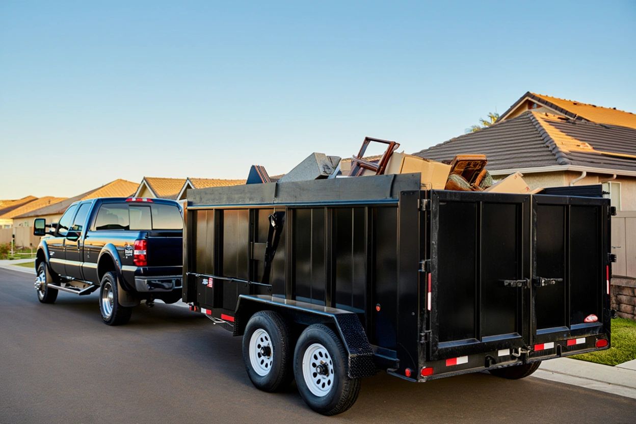 Black dump trailer loaded with junk
