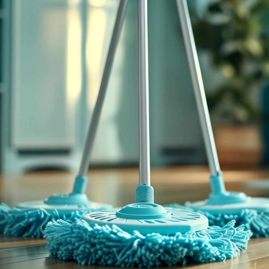 Three blue spin mops on a wooden floor indoors.