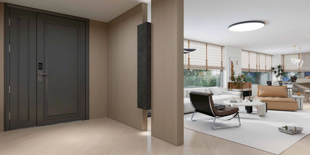 Modern living room with neutral tones and large windows.