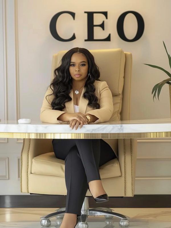 Confident woman CEO sitting at her desk in a stylish office.