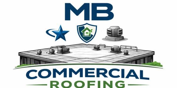 Commercial roofing logo with letters MB, stars, house icon, and rooftop graphic.