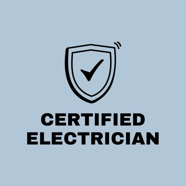 Shield with checkmark and text "Certified Electrician" on blue background.