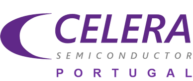 Logo of Celera Semiconductor Portugal with purple and grey text.