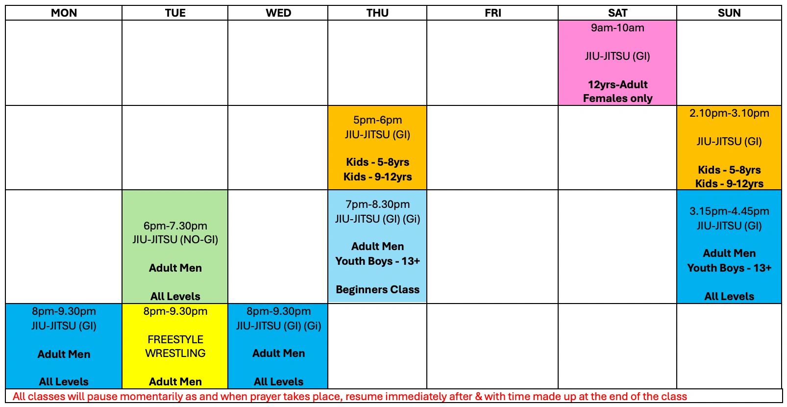 Weekly Jiu-Jitsu and wrestling class schedule for various age groups and skill levels.