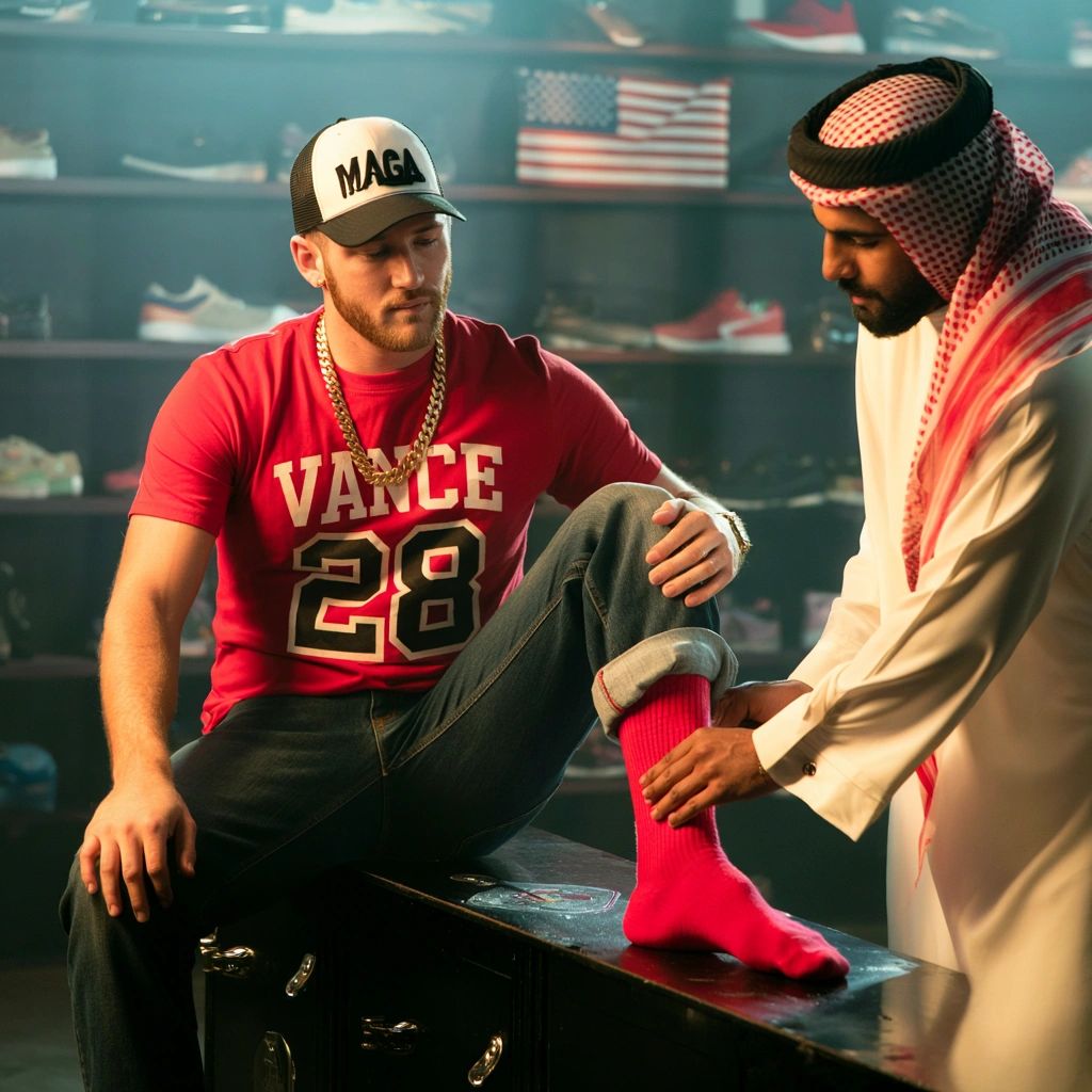 Two men interacting, one inspecting the other's bright red sock.