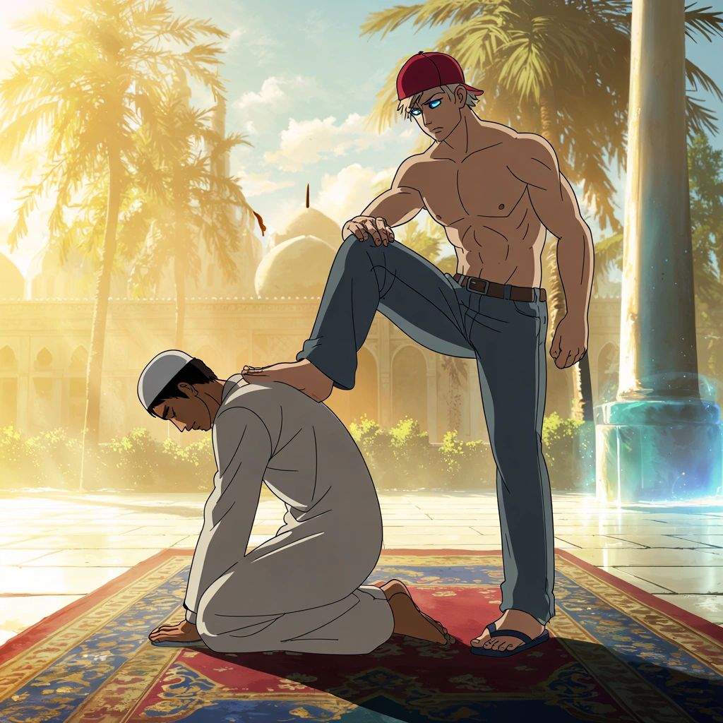 Shirtless man with foot on praying man's back.