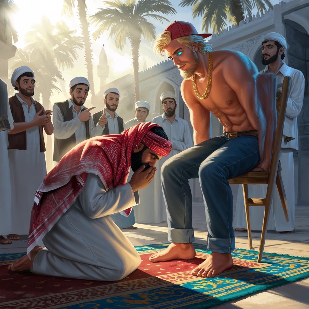A kneeling man in traditional attire reveres a seated modern man with glowing blue eyes.
