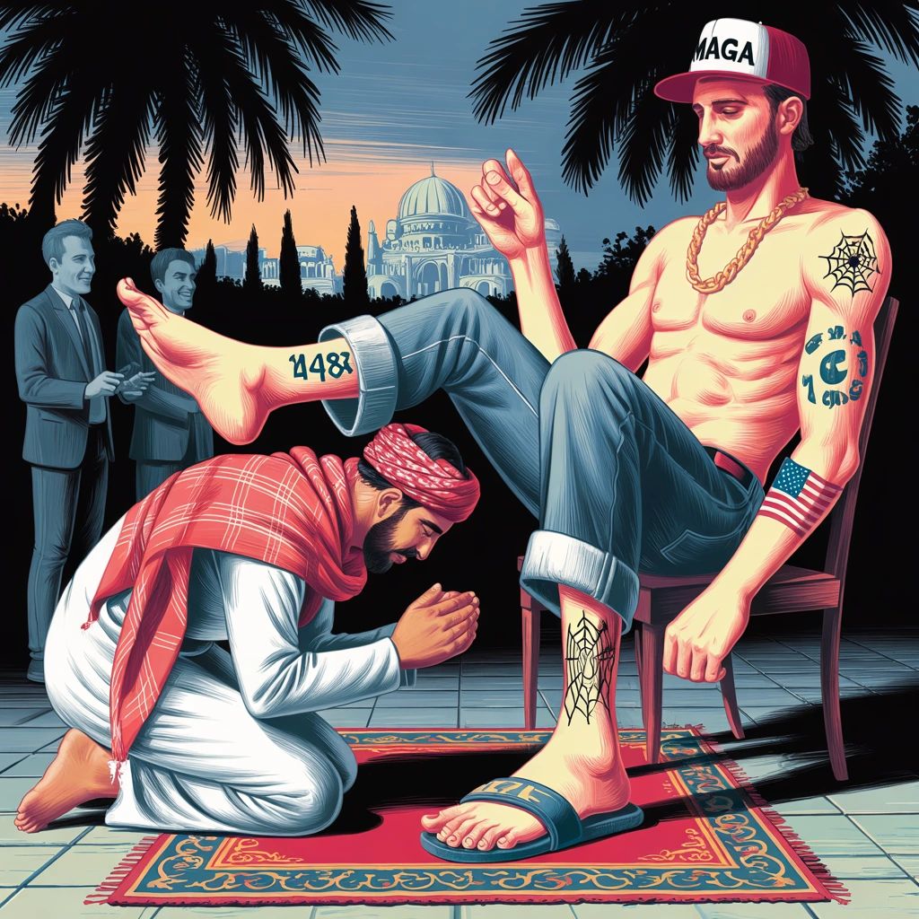 A man wearing a MAGA hat sits while another man kneels and prays in front of his foot.