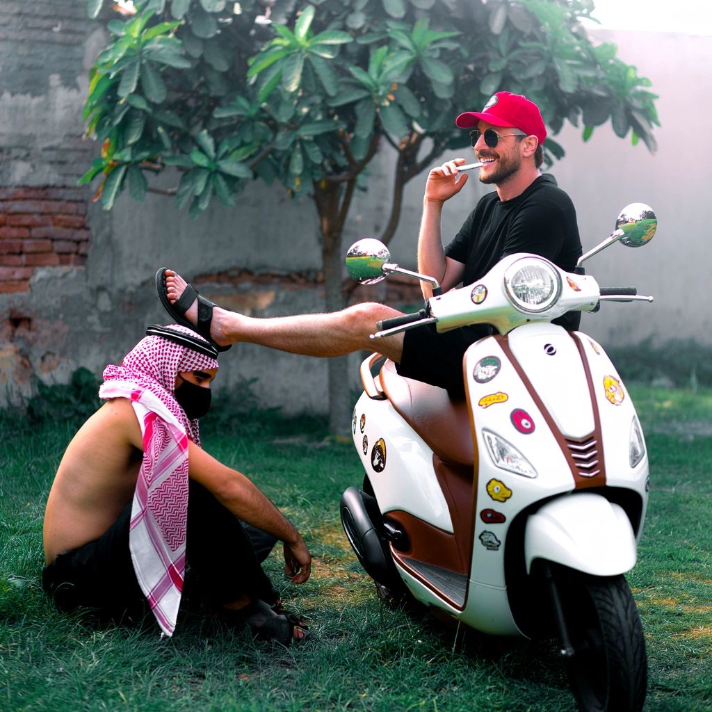 A man on a scooter with his foot on another sitting man's head.