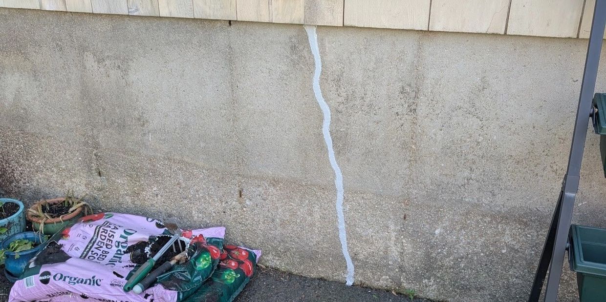 Freshly repaired crack on a concrete wall near gardening supplies.